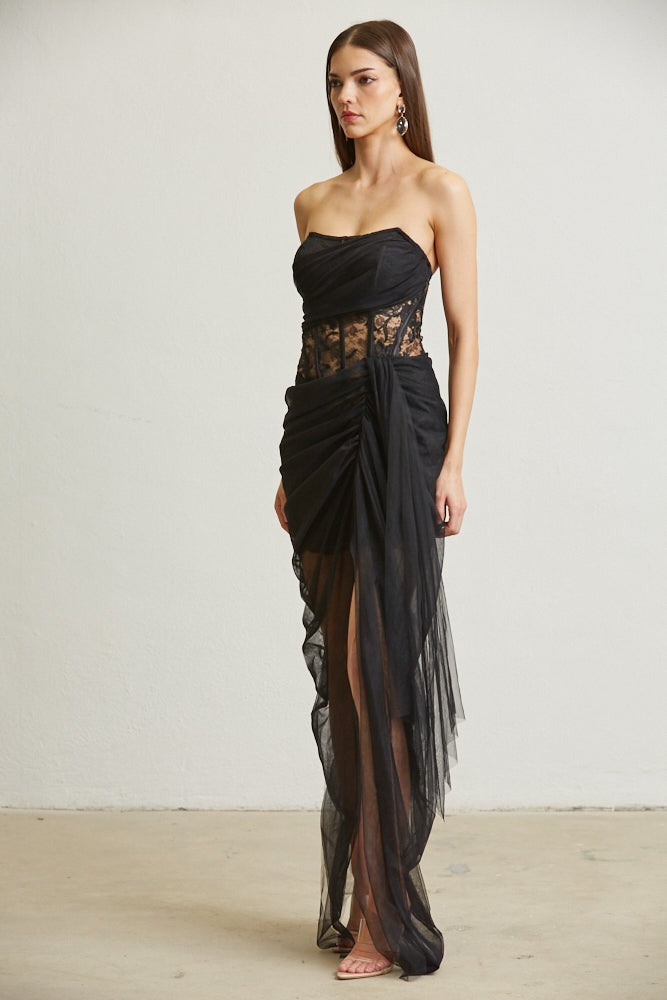 Sheer Lace Bodice Mini Dress with Tulle Draping Overlay - BLITHE - RARA Boutique 