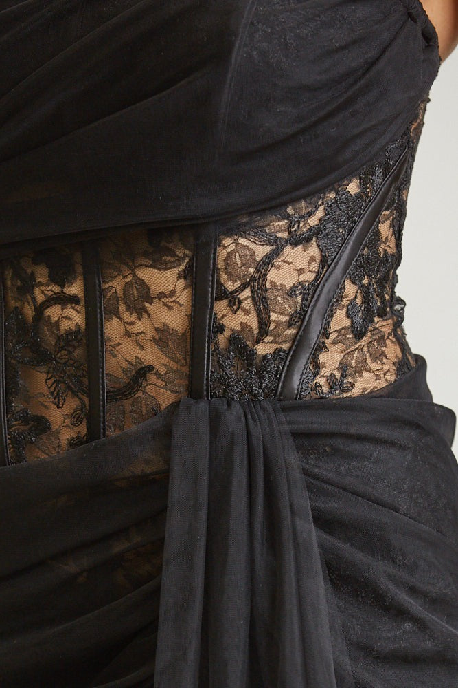 Sheer Lace Bodice Mini Dress with Tulle Draping Overlay - BLITHE - RARA Boutique 