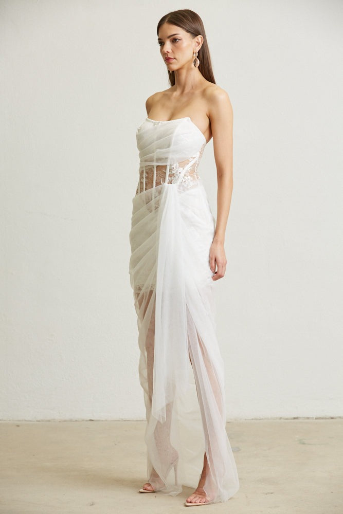 Sheer Lace Bodice Mini Dress with Tulle Draping Overlay - BLITHE - RARA Boutique 