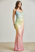 Rainbow Ombre Sequin Floor-Length Gown with Cowl Neck - BLITHE - RARA Boutique 