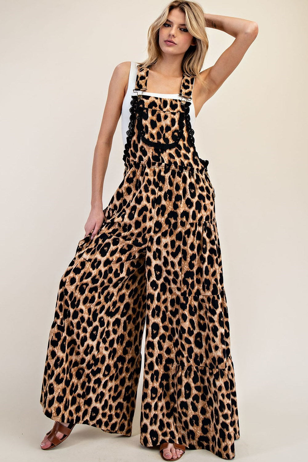 Cheetah Print Tiered Wide Leg Overalls - eesome - RARA Boutique 