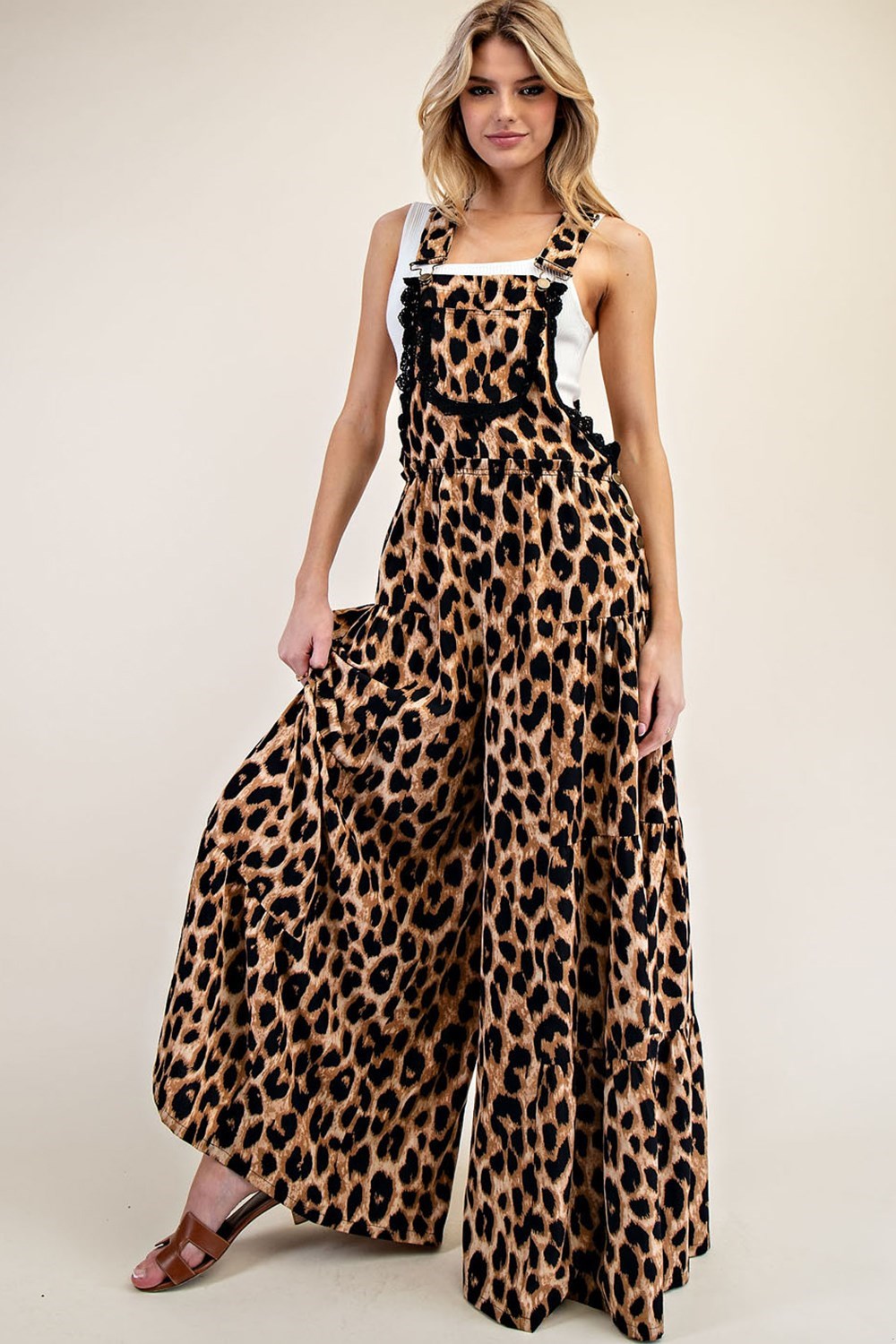 Cheetah Print Tiered Wide Leg Overalls - eesome - RARA Boutique 