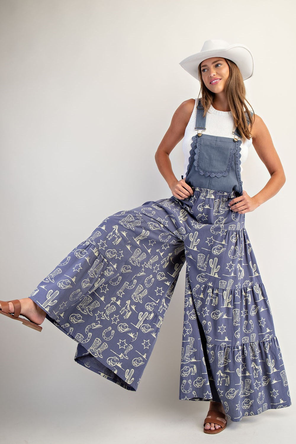 Western Graphic Print Tiered Wide Leg Overalls Jumpsuit - eesome - RARA Boutique 