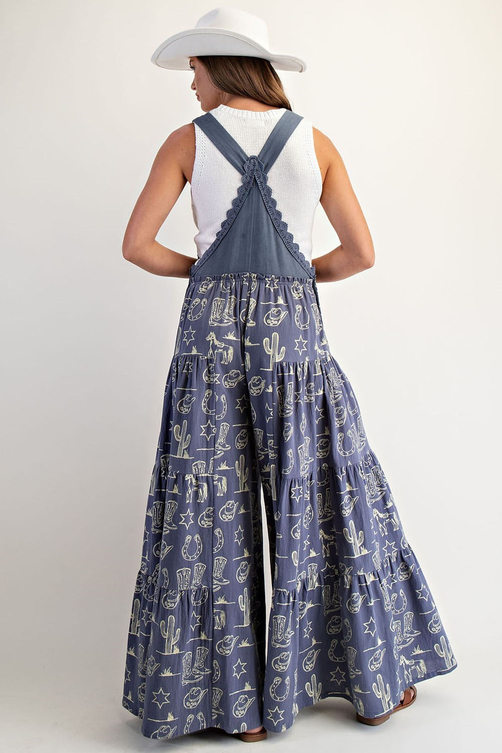 Western Graphic Print Tiered Wide Leg Overalls Jumpsuit - eesome - RARA Boutique 