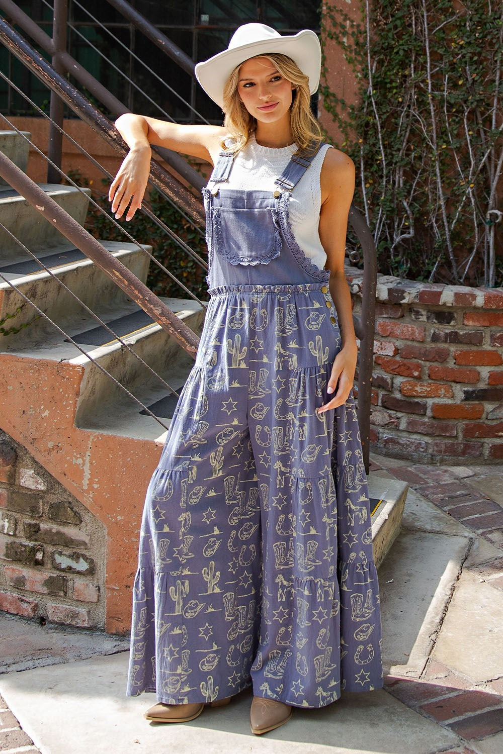 Western Graphic Print Tiered Wide Leg Overalls Jumpsuit - eesome - RARA Boutique 