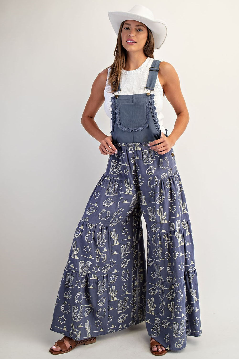 Western Graphic Print Tiered Wide Leg Overalls Jumpsuit