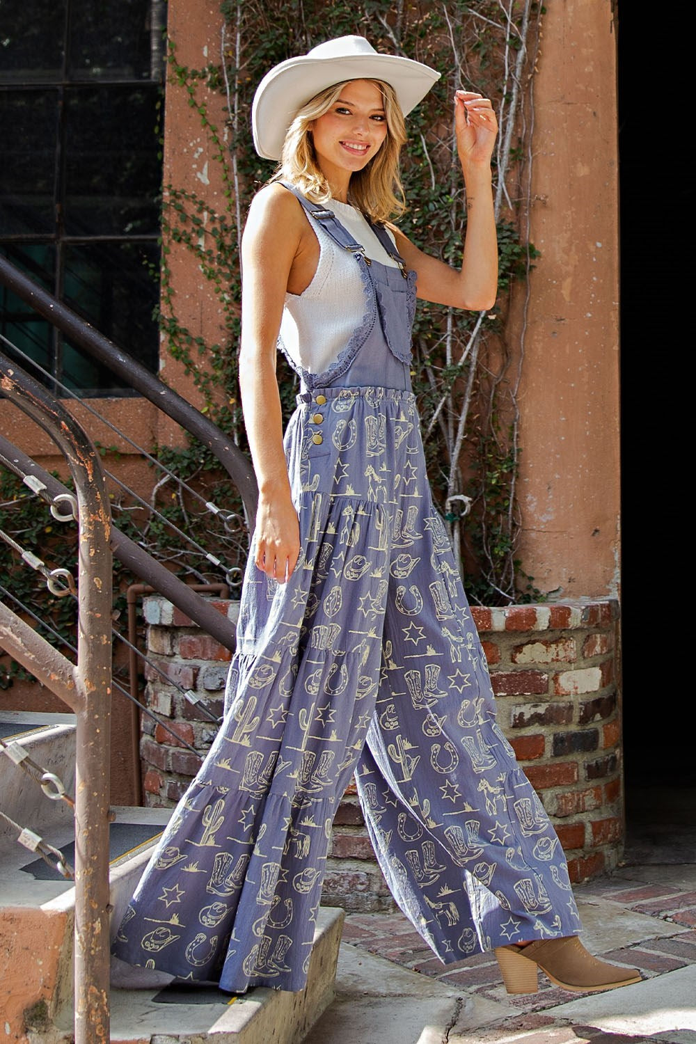 Western Graphic Print Tiered Wide Leg Overalls Jumpsuit - eesome - RARA Boutique 
