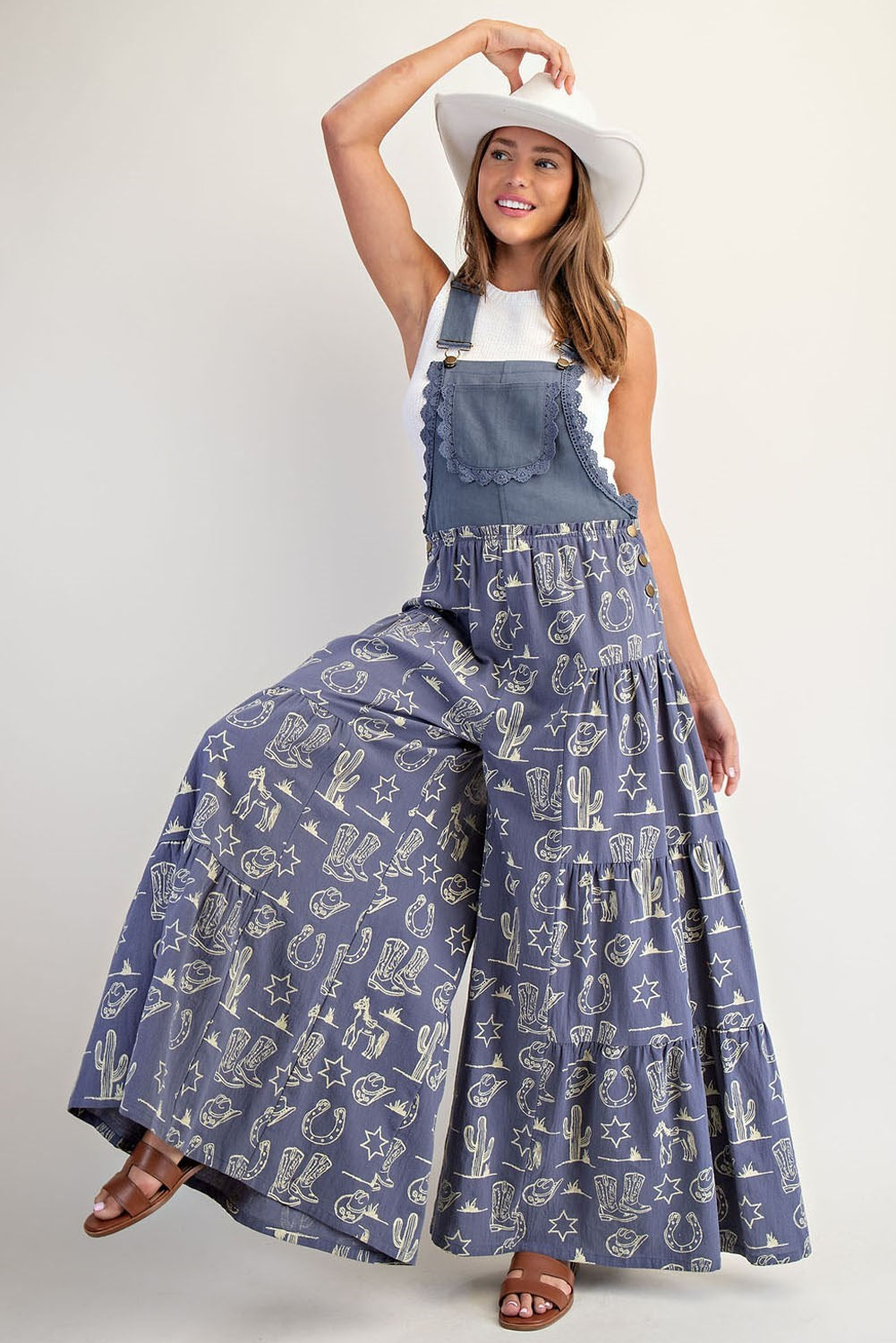 Western Graphic Print Tiered Wide Leg Overalls Jumpsuit - eesome - RARA Boutique 