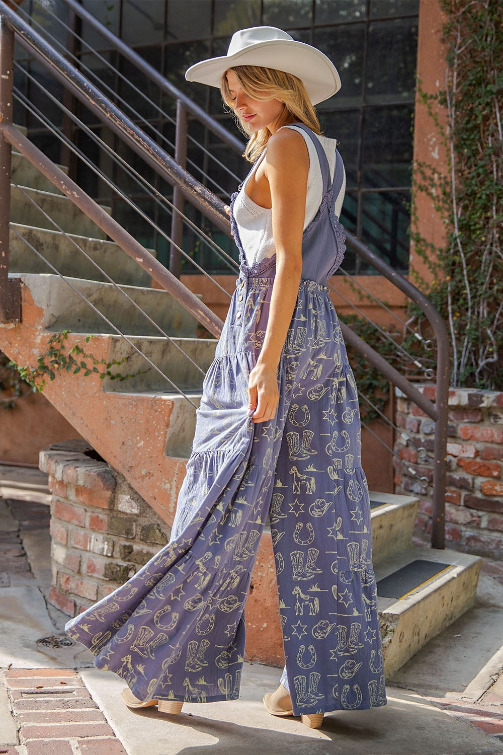 Western Graphic Print Tiered Wide Leg Overalls Jumpsuit - eesome - RARA Boutique 