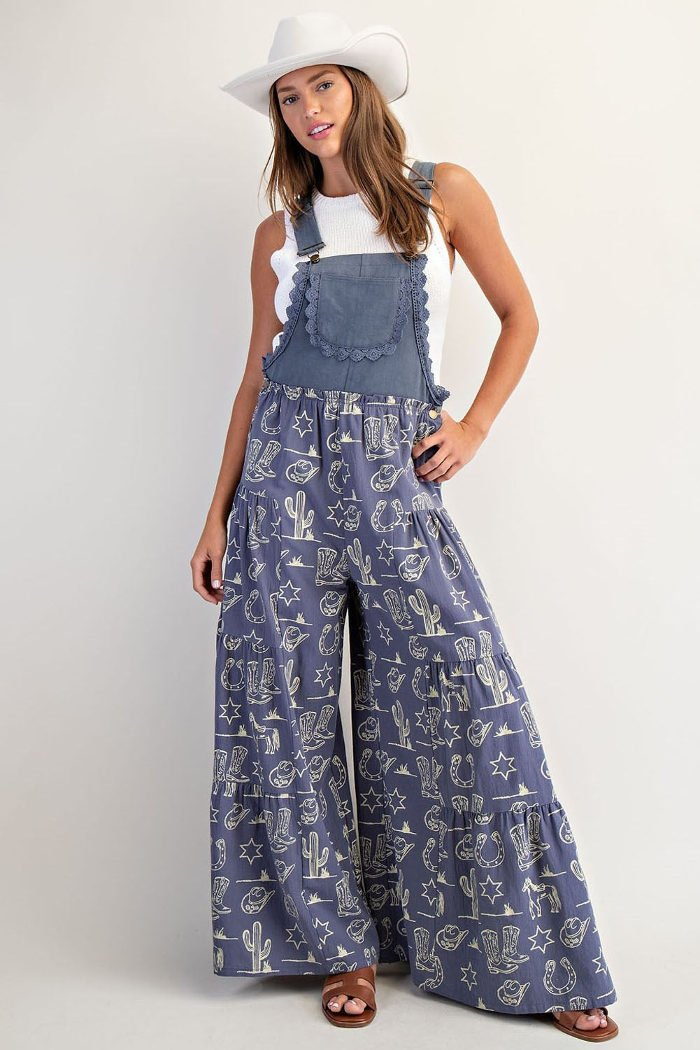 Western Graphic Print Tiered Wide Leg Overalls Jumpsuit - eesome - RARA Boutique 