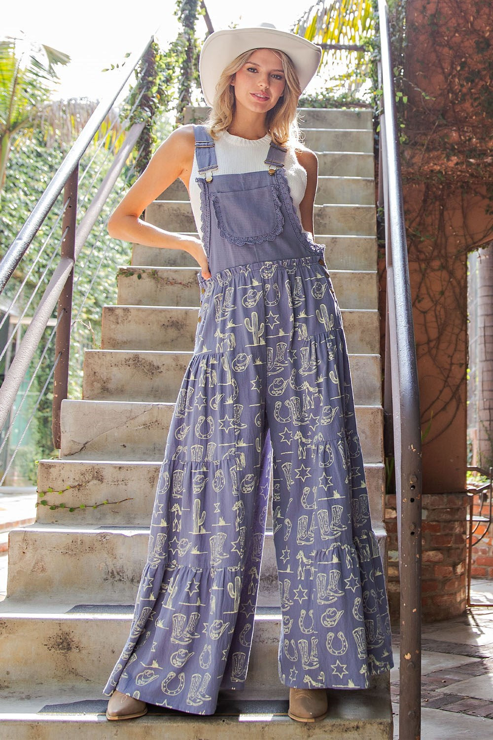 Western Graphic Print Tiered Wide Leg Overalls Jumpsuit - eesome - RARA Boutique 