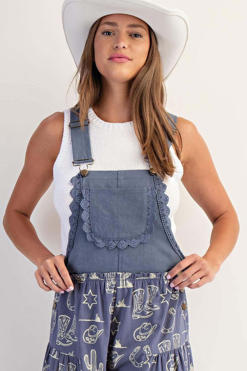 Western Graphic Print Tiered Wide Leg Overalls Jumpsuit - eesome - RARA Boutique 