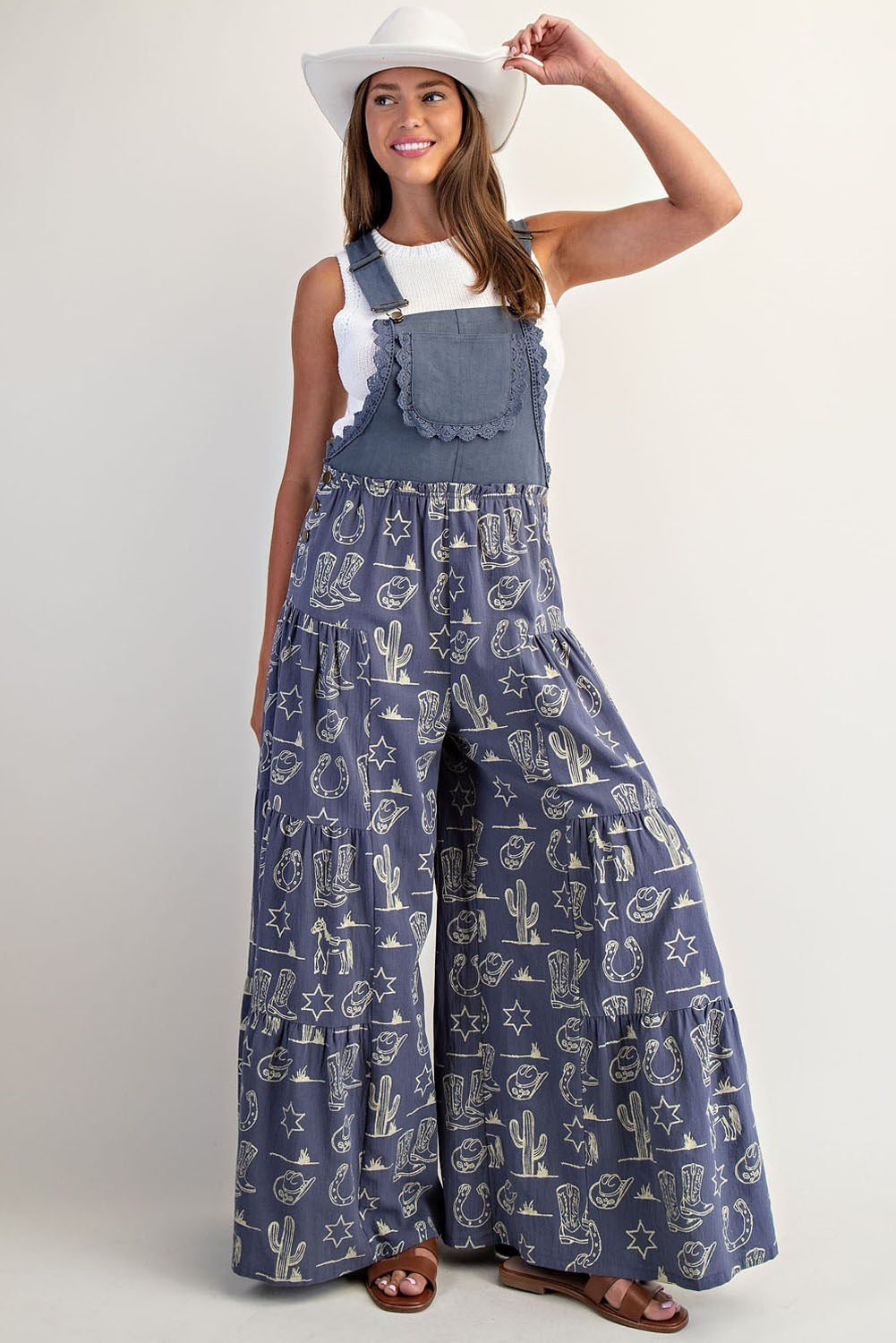 Western Graphic Print Tiered Wide Leg Overalls Jumpsuit - eesome - RARA Boutique 