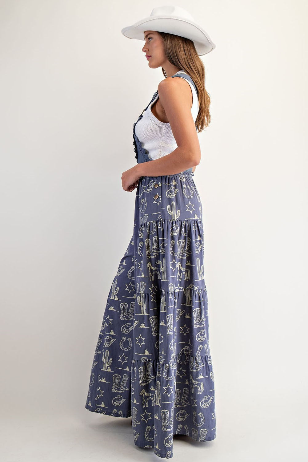 Western Graphic Print Tiered Wide Leg Overalls Jumpsuit