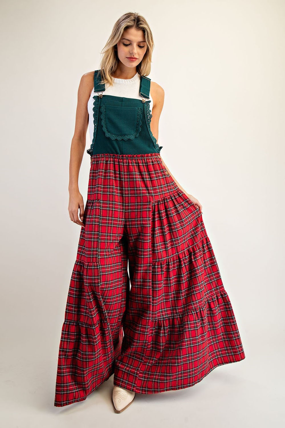 Plaid Flannel Tiered Wide Leg Overalls Jumpsuit - eesome - RARA Boutique 