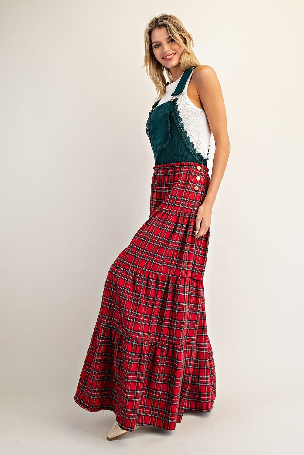 Plaid Flannel Tiered Wide Leg Overalls Jumpsuit - eesome - RARA Boutique 