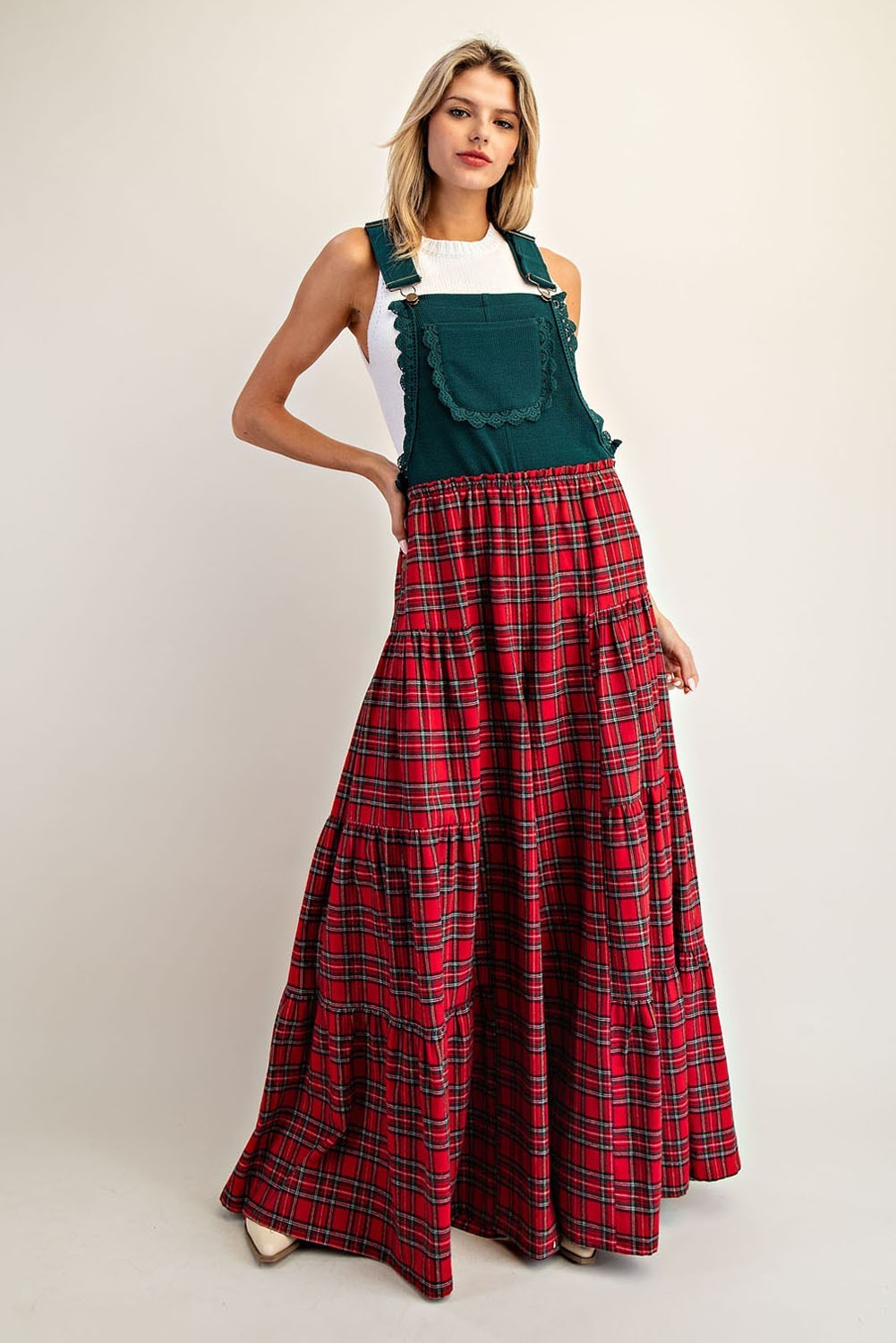 Plaid Flannel Tiered Wide Leg Overalls Jumpsuit - eesome - RARA Boutique 