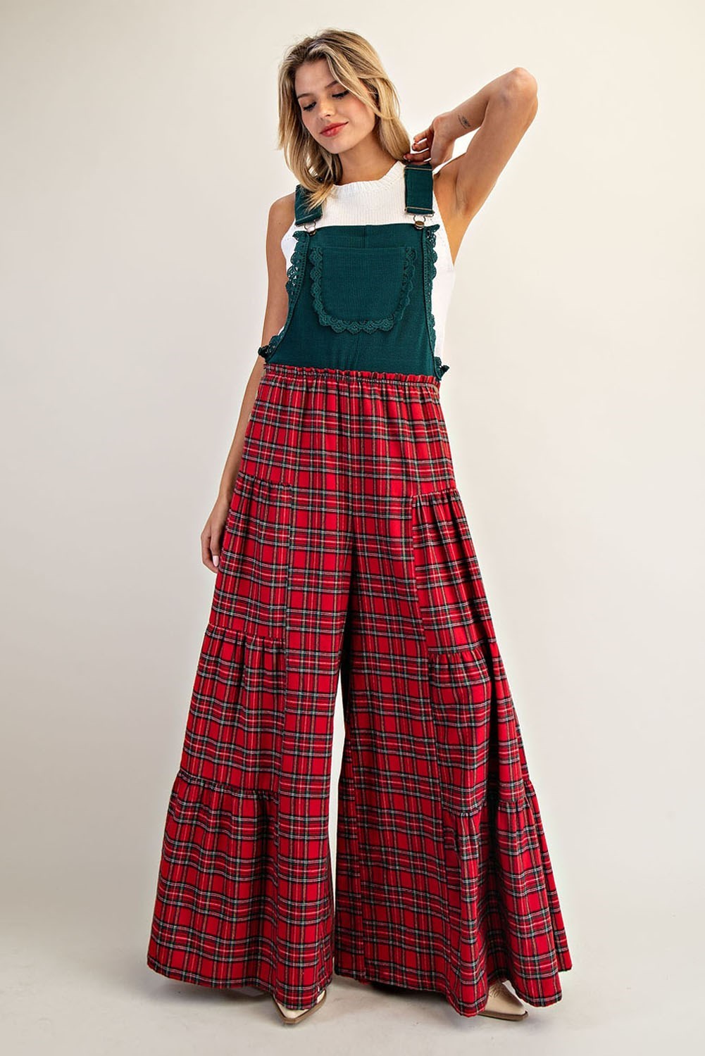 Plaid Flannel Tiered Wide Leg Overalls Jumpsuit - eesome - RARA Boutique 