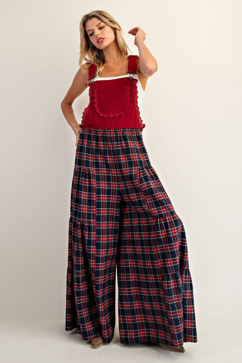 Plaid Flannel Tiered Wide Leg Overalls Jumpsuit - eesome - RARA Boutique 