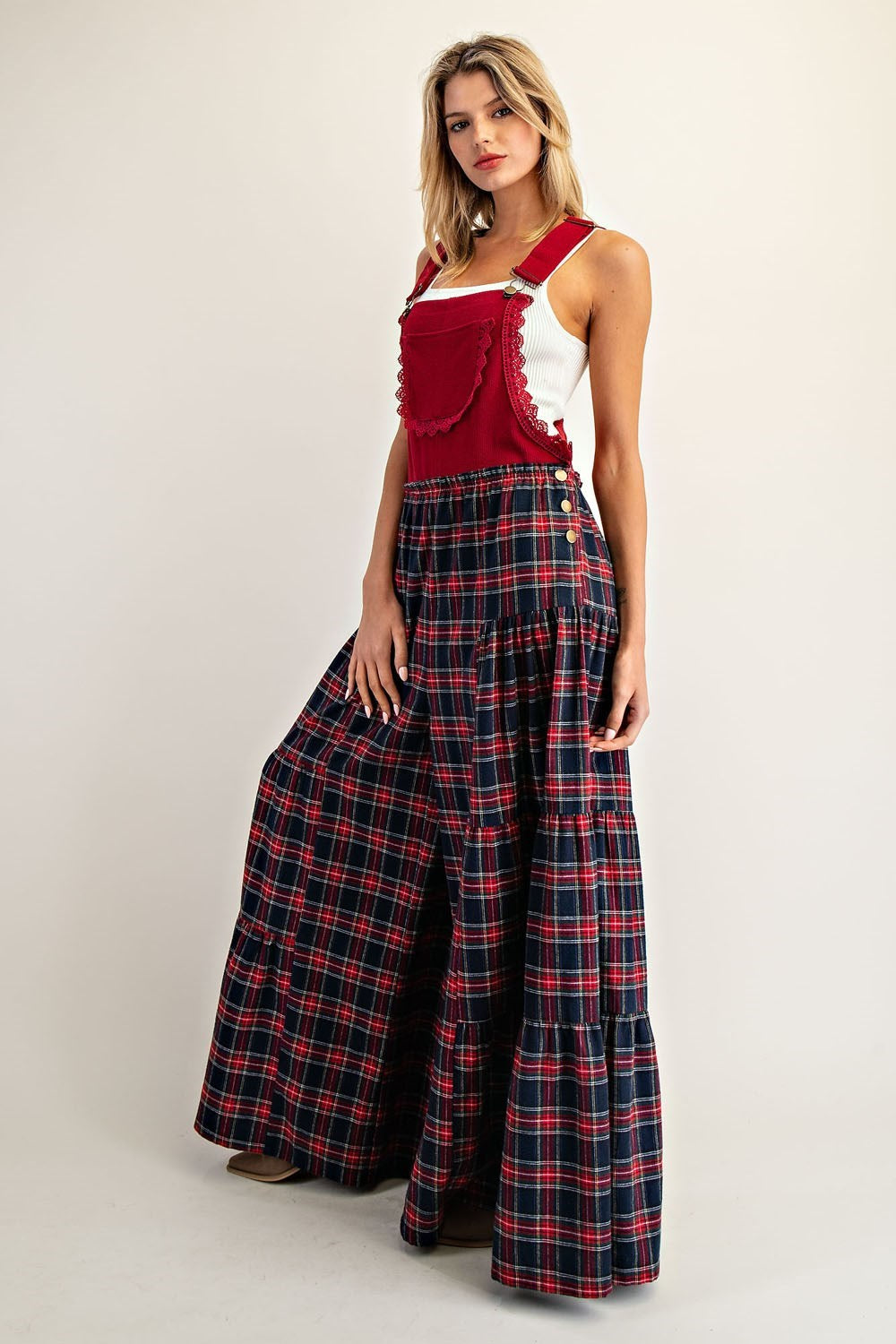 Plaid Flannel Tiered Wide Leg Overalls Jumpsuit - eesome - RARA Boutique 