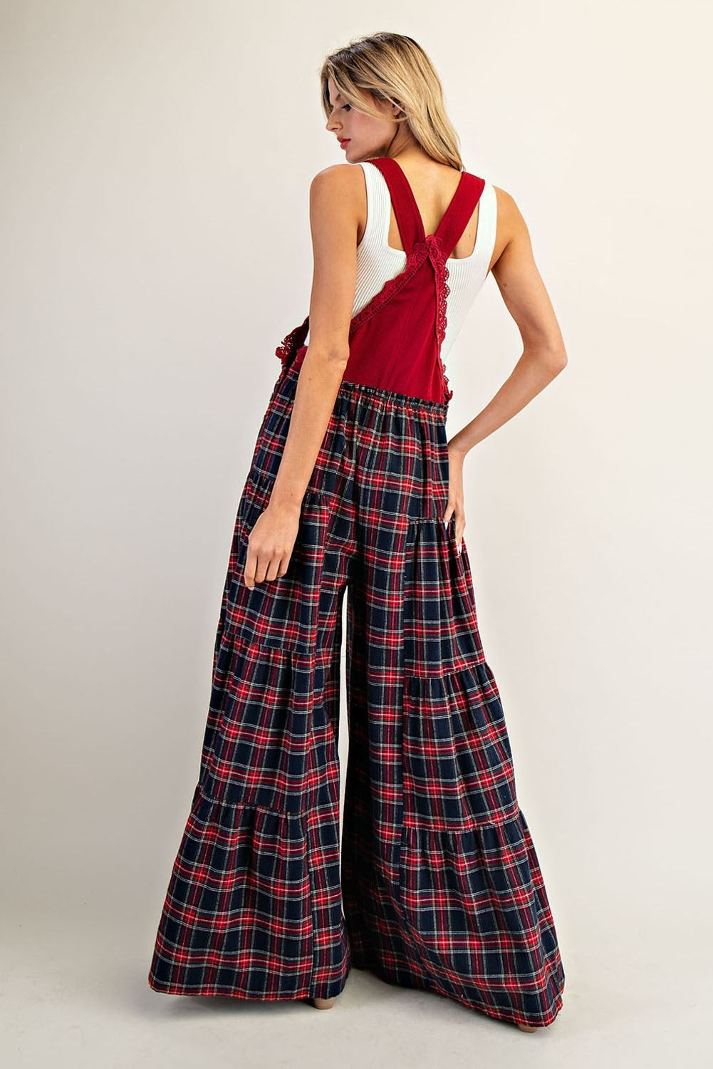 Plaid Flannel Tiered Wide Leg Overalls Jumpsuit - eesome - RARA Boutique 