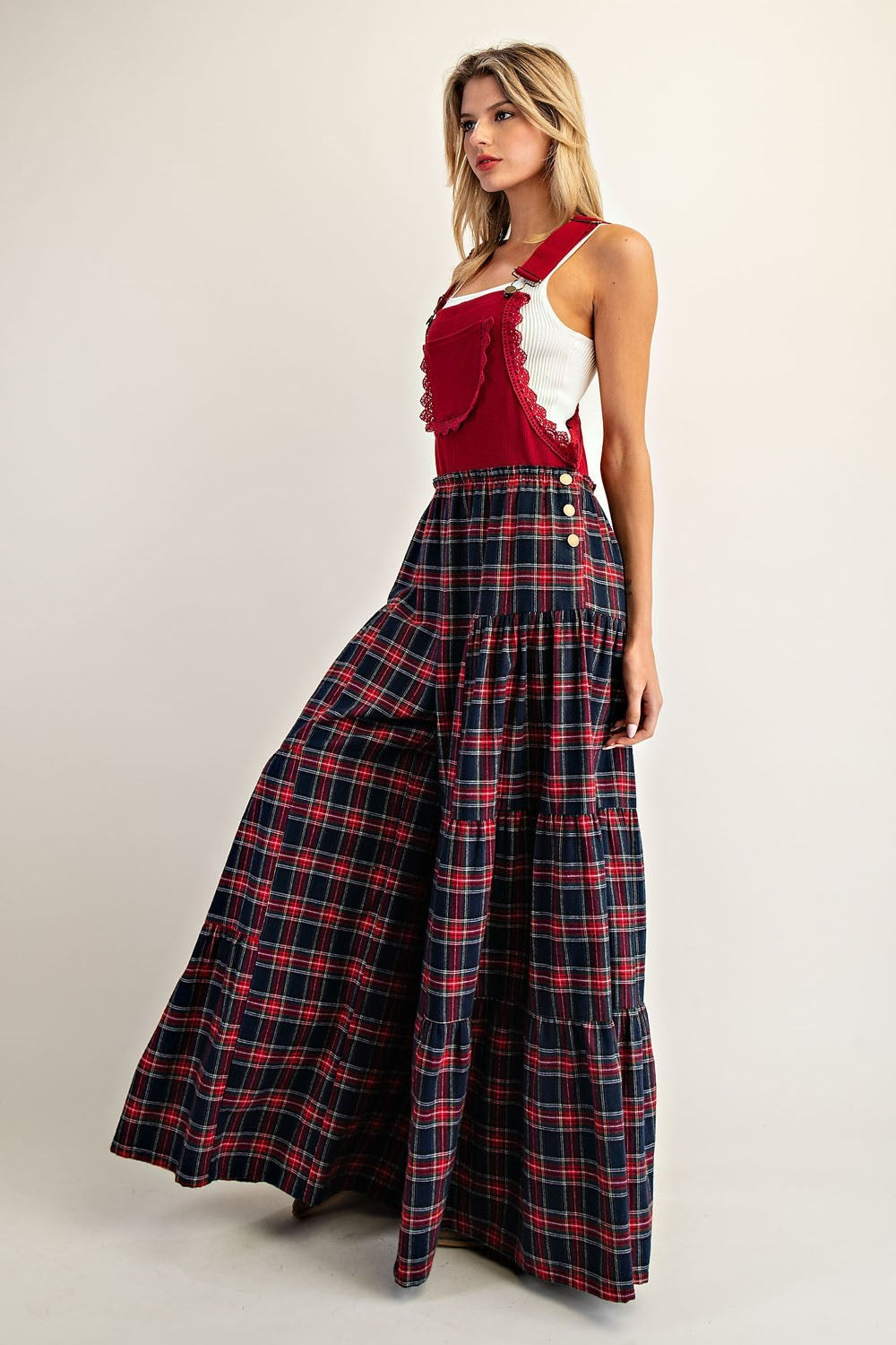 Plaid Flannel Tiered Wide Leg Overalls Jumpsuit - eesome - RARA Boutique 