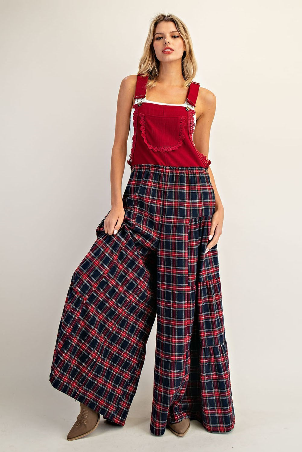 Plaid Flannel Tiered Wide Leg Overalls Jumpsuit - eesome - RARA Boutique 