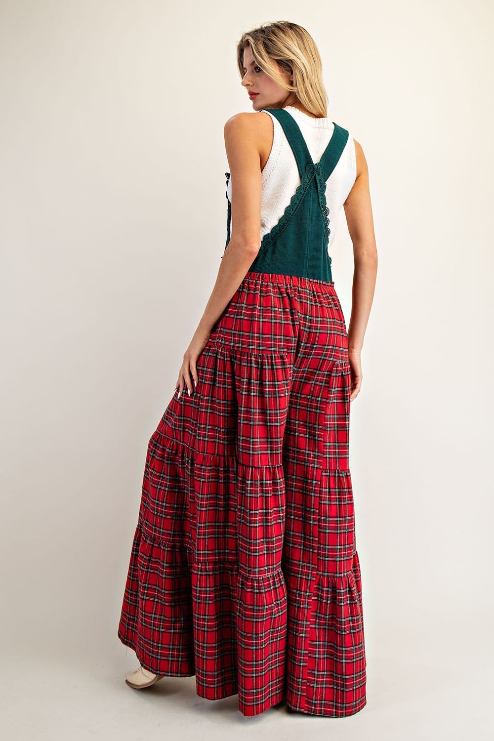 Plaid Flannel Tiered Wide Leg Overalls Jumpsuit - eesome - RARA Boutique 