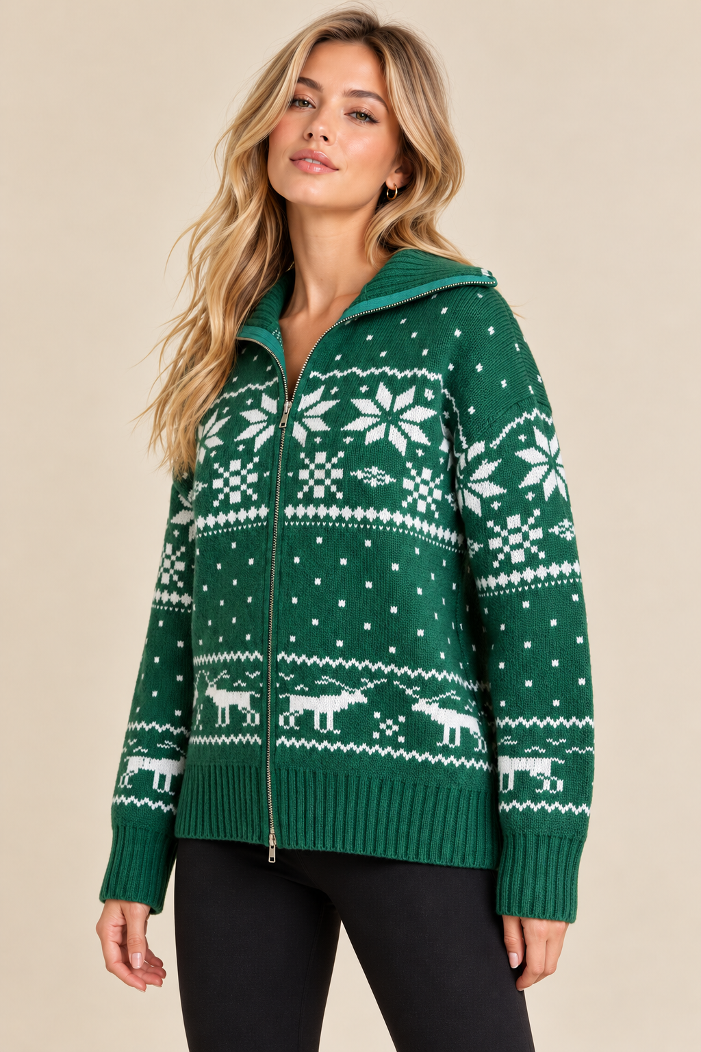 Blonde model wearing RARA Boutique Fair Isle knit sweater jacket with main stripe pattern, perfect for festive winter style.