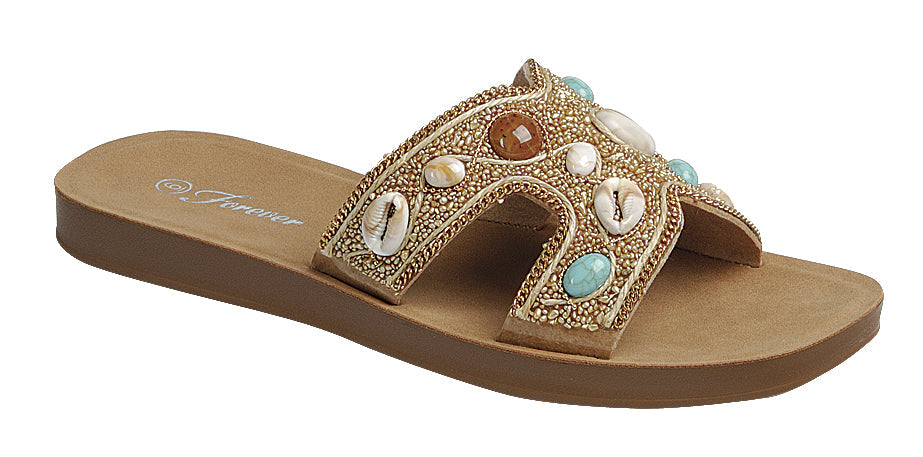 Beaded boho H-strap slide sandals with seashell accents by RARA Boutique, featuring a comfortable open-toe design.