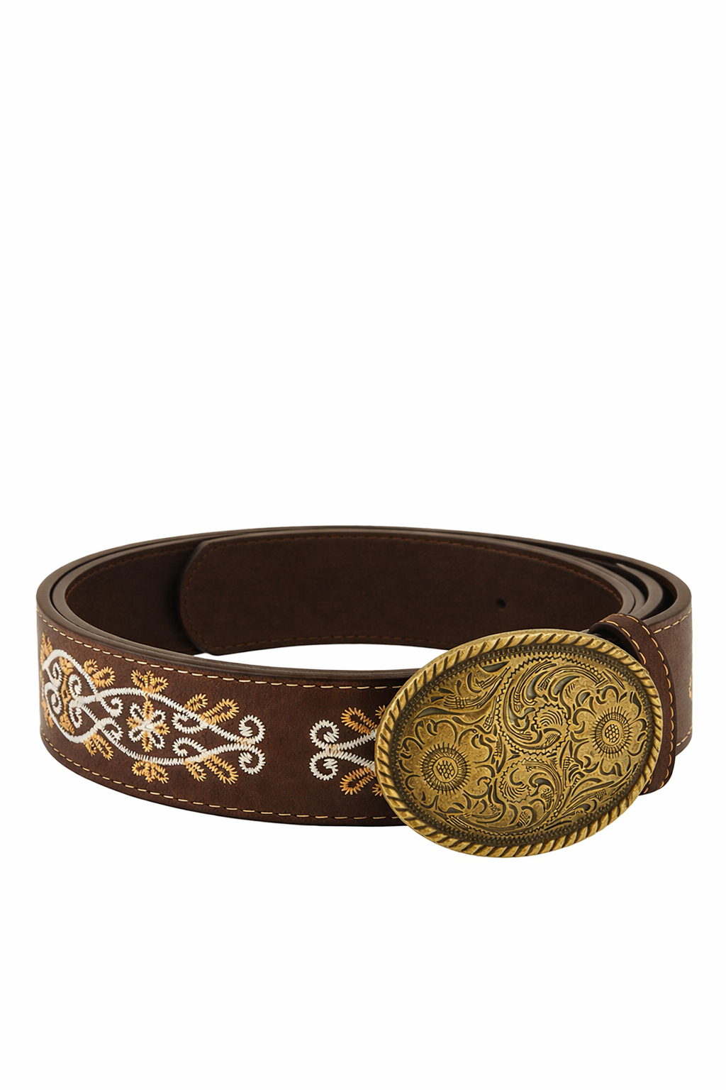Floral embroidered Western oval buckle belt by RARA Boutique, showcasing intricate floral embroidery and a polished metal buckle.