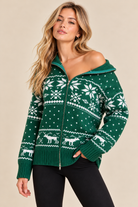 Cozy emerald Fair Isle knit sweater jacket with main strip pattern by RARA Boutique, perfect for festive winter wear.