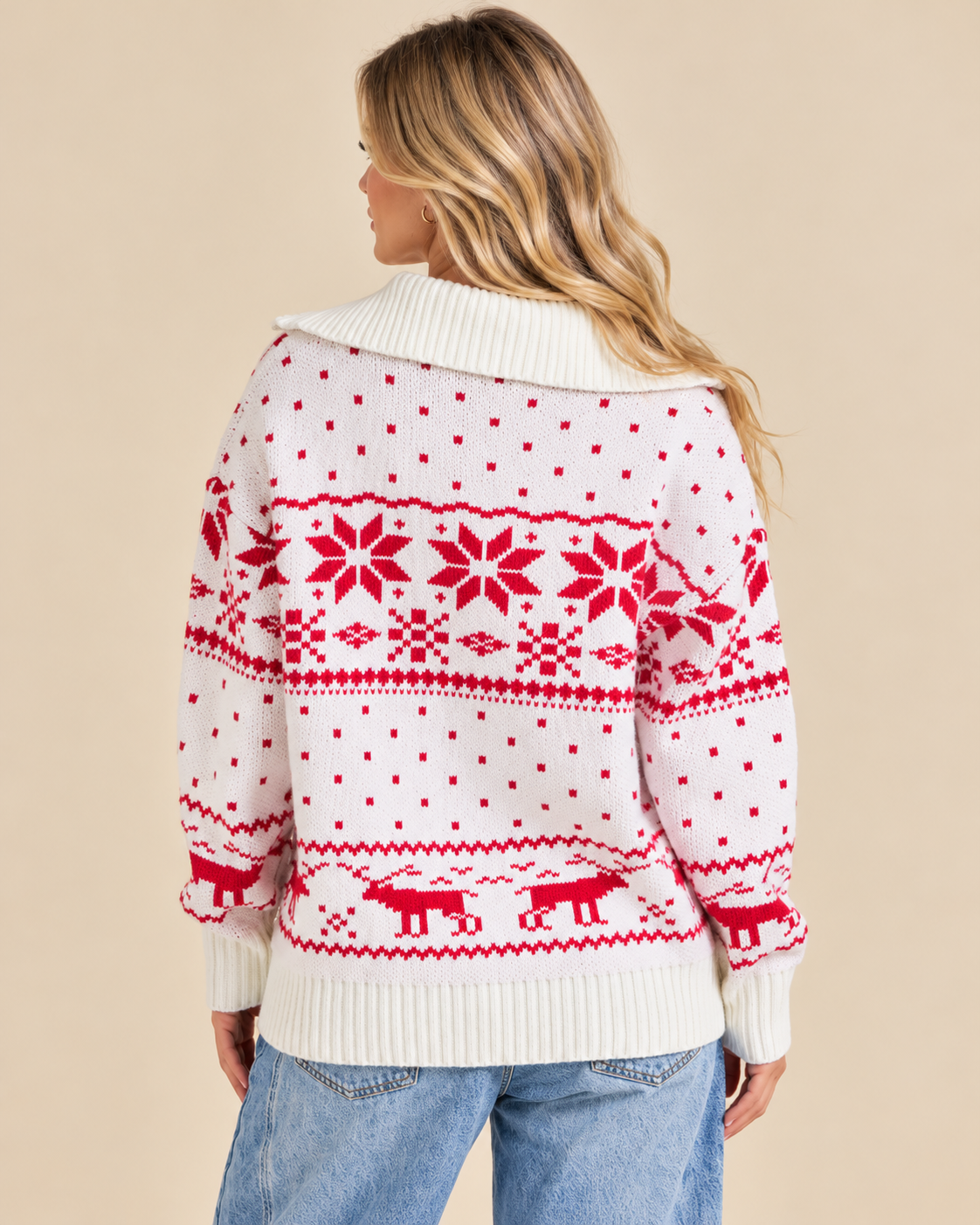 Back view of RARA Boutique Fair Isle knit sweater jacket featuring a festive main stripe design, cozy winter style.