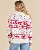 Back view of RARA Boutique Fair Isle knit sweater jacket featuring a festive main stripe design, cozy winter style.