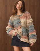Multicolor textured fringe button-down cardigan sweater by RARA Boutique, featuring cozy knit fabric and stylish design.
