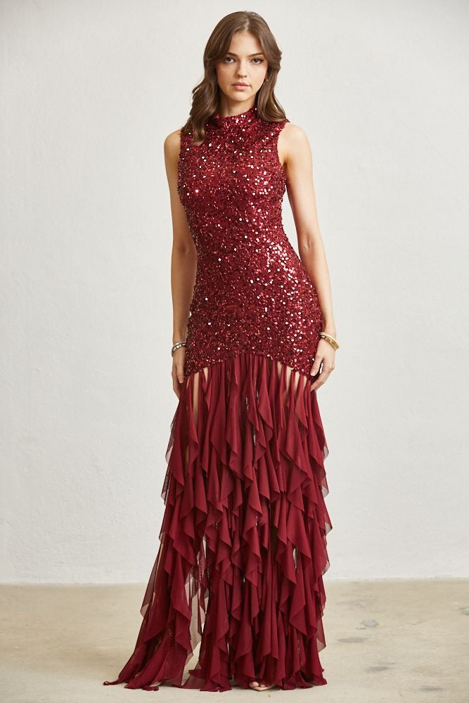 Sequin Ruffle Hem Floor-Length Gown - Blithe - RARA Boutique 