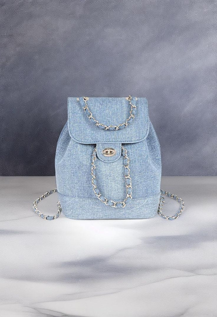 Denim Chain Drawstring Mini Backpack - RARA Boutique 