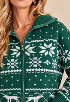 Close-up of RARA Boutique Fair Isle knit sweater jacket with striped pattern, showcasing intricate winter holiday design.