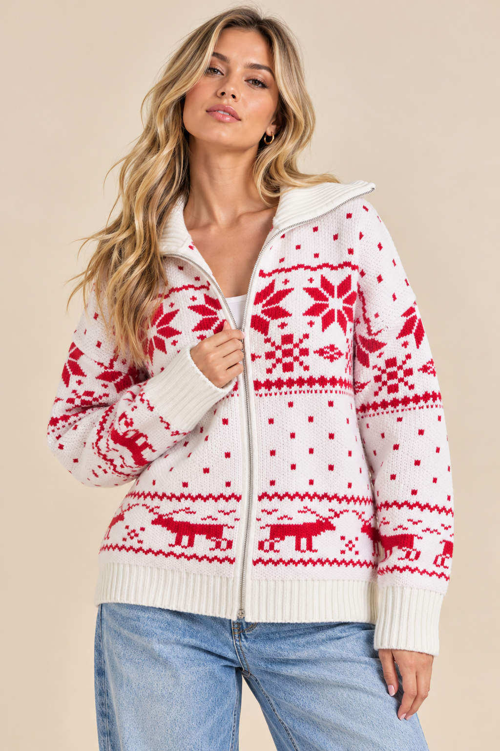 RARA Boutique Christmas Fair Isle knit sweater jacket featuring festive striped pattern, cozy and stylish for winter wear.