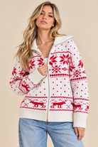 RARA Boutique Christmas Fair Isle knit sweater jacket featuring festive striped pattern, cozy and stylish for winter wear.