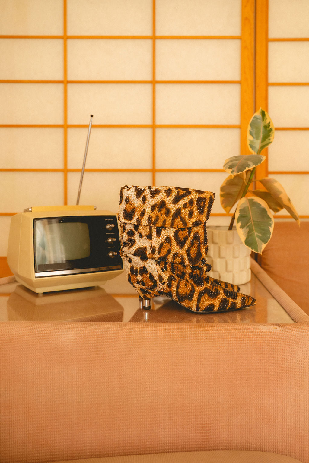 Leopard Print Rhinestone Kitten Heel Slouchy Booties - Azalea Wang - RARA Boutique 