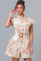 Floral Denim Utility Romper with Wooden Belt - A. Peach - RARA Boutique 