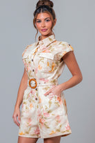 Floral Denim Utility Romper with Wooden Belt - A. Peach - RARA Boutique 