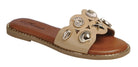 RARA Boutique seashell charm slide sandals featuring a comfortable slide design with decorative seashell accents.