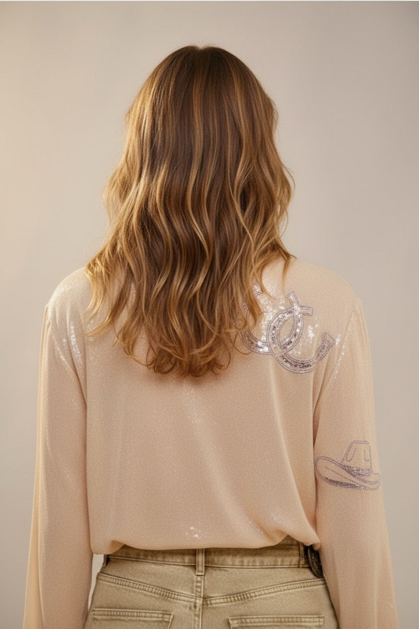 Blue Western embroidered sequin button down shirt by RARA Boutique featuring intricate stitching and a stylish collar.