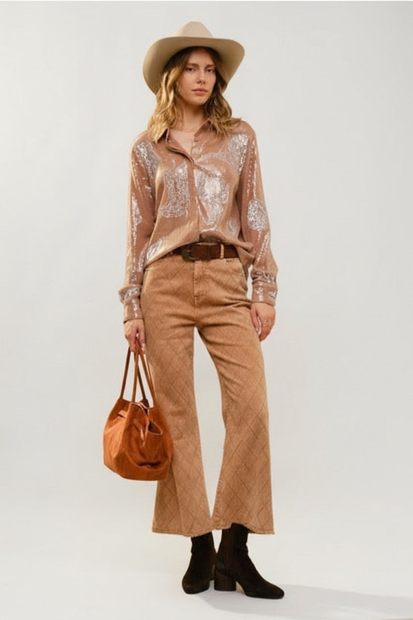 Blue Western embroidered sequin button-down shirt by RARA Boutique with intricate detailing and a stylish fit.