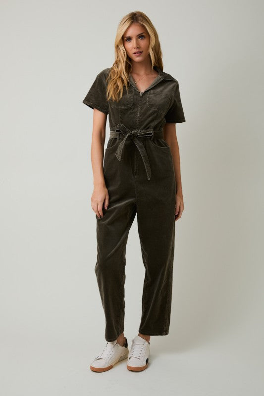 Corduroy Straight Leg Utility Jumpsuit with Waist Tie - Sunday Edition - RARA Boutique 