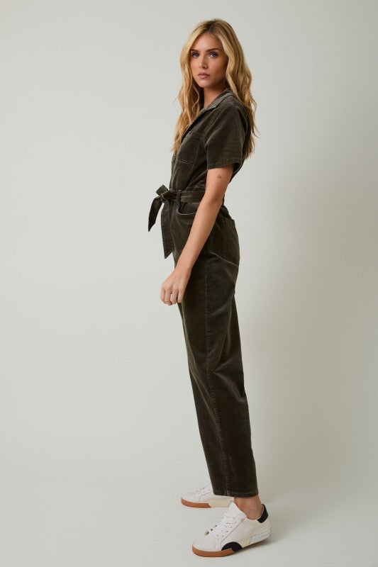 Corduroy Straight Leg Utility Jumpsuit with Waist Tie