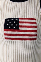 White and navy American flag sleeveless knit tank top by RARA Boutique, featuring patriotic star and stripe design.