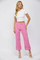 Wide Leg High Rise Tummy Tuck Cropped Cuffed Jeans - Mica - RARA Boutique 